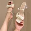 Open-toed Sandals Summer European and American Fashion Versatile New Square Head Folds One-character One-pedal Thick High-heeled Slippers