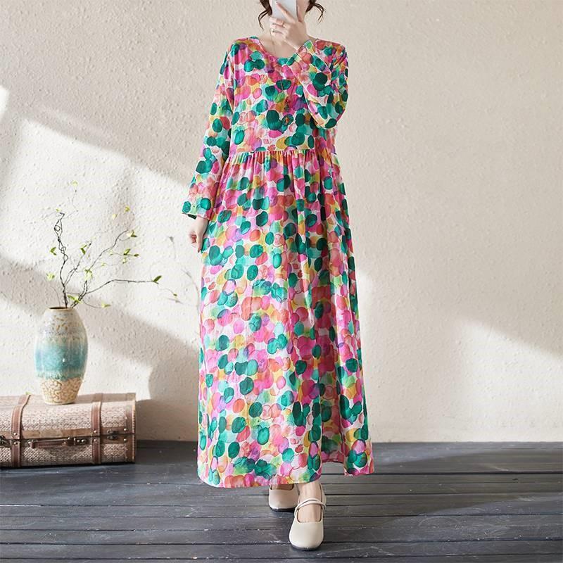 Johnature Frau Frühling O-Ausschnitt Vintage Stil Langarm Kleid Nischendruck Lose Casual Retro Kleid