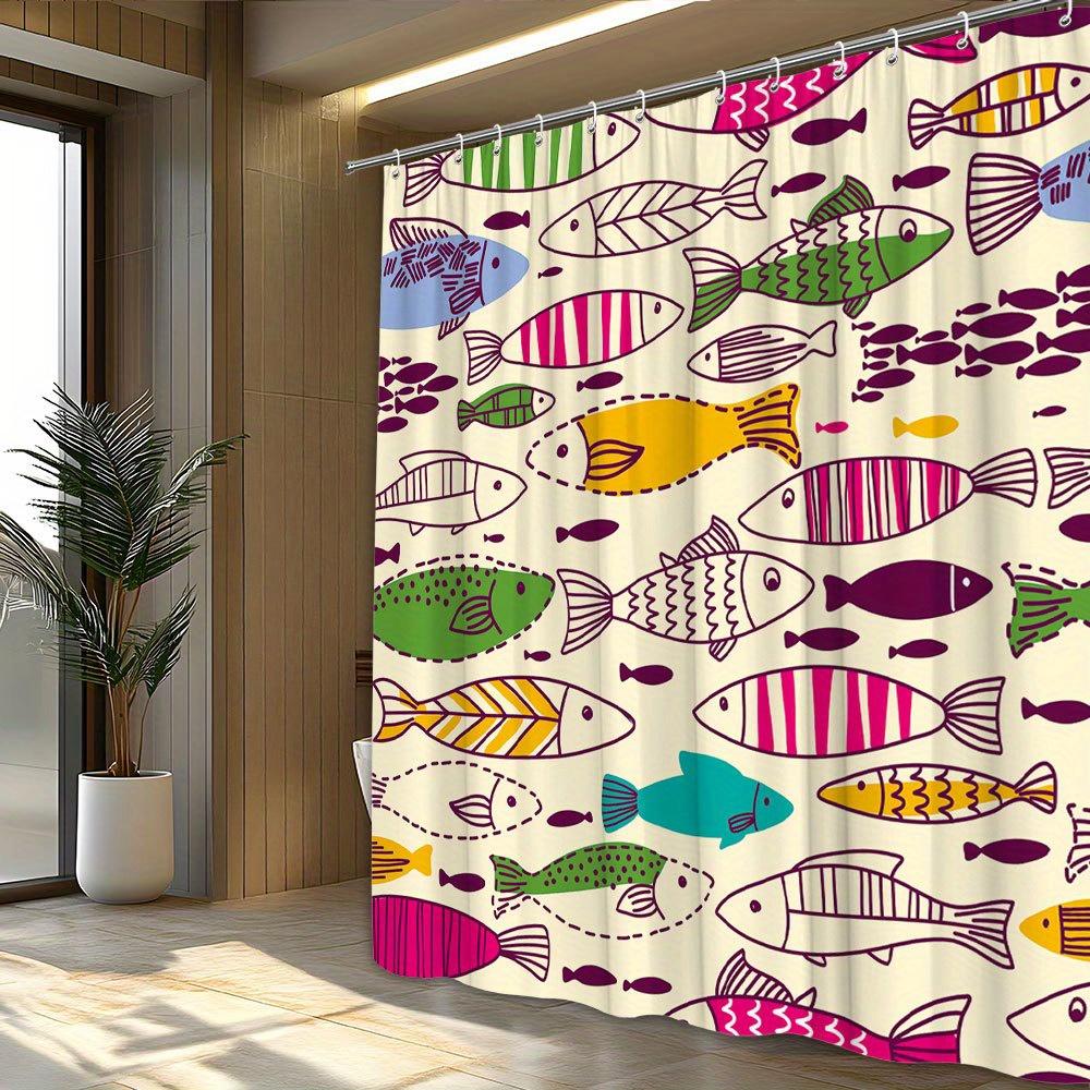 Vibrant Fish Shower Curtain - Colorful Stripes, Spots & Zigzags on Cream, 70.87x70.87", 12 Hooks, Machine Washable Polyester