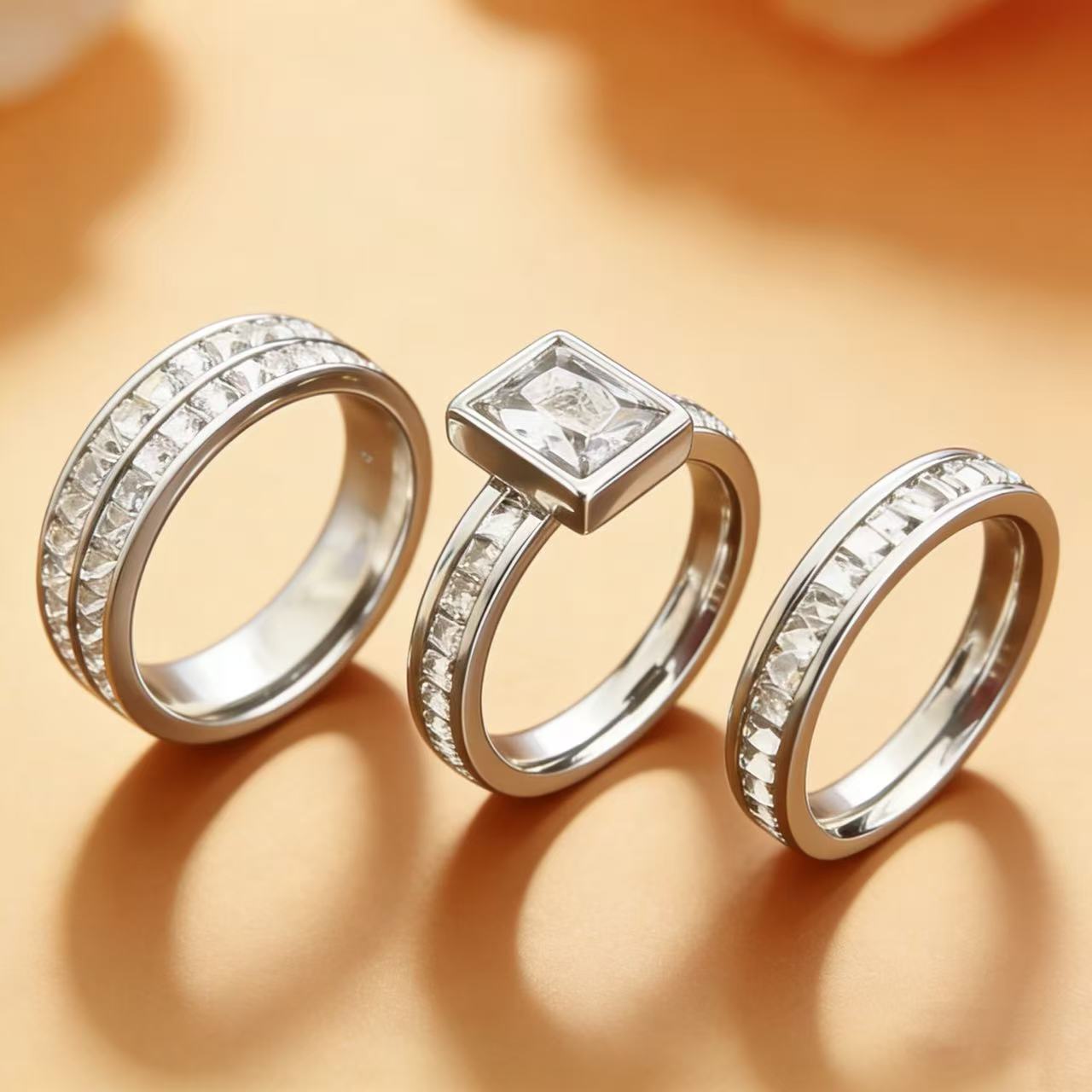 

3PCS Set Gold Plated Zirconia (CZ) Wedding Engagement Band Stainless Steel Ring For Women Classic Jewelry Accessories Gift USA 9