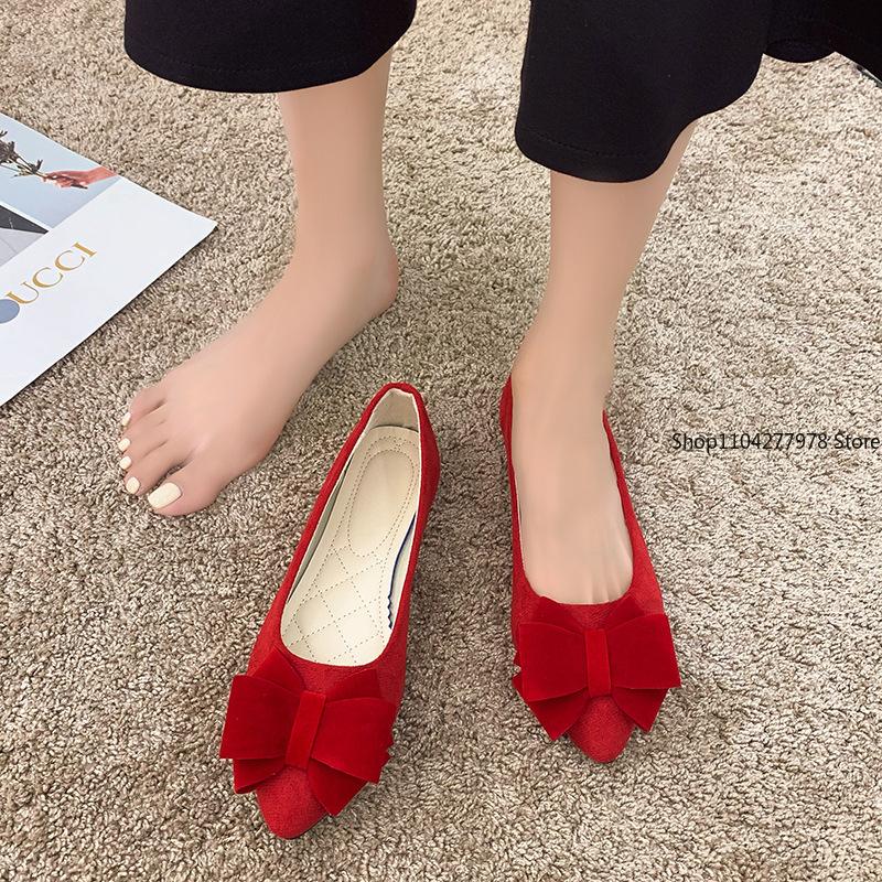 Fashion Large Size 43 Spring Bow Flats Shoes Woman Butterfly-Knot Ballets OL Office Shoes Pointed Toe Shallow Slip On Foldable Ballerina