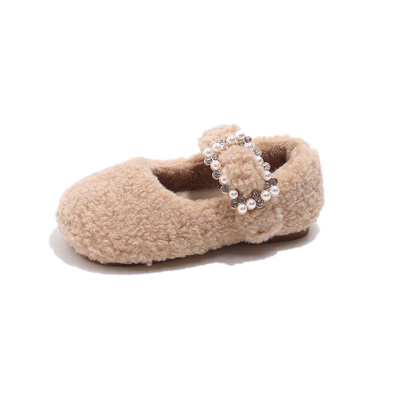 Girls' Winter Pearl Fluffy Cotton Shoes - Velvet Lined, Cute Shallow Mouth Teddy Fur Shoes for Little and Big Kids