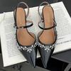 High Quality Rhinestone Pointed Toe High Heel Sandals Women Buckle Back Strap Hoof Heel Designer Shoes Fashion Classy Dress Shoe
