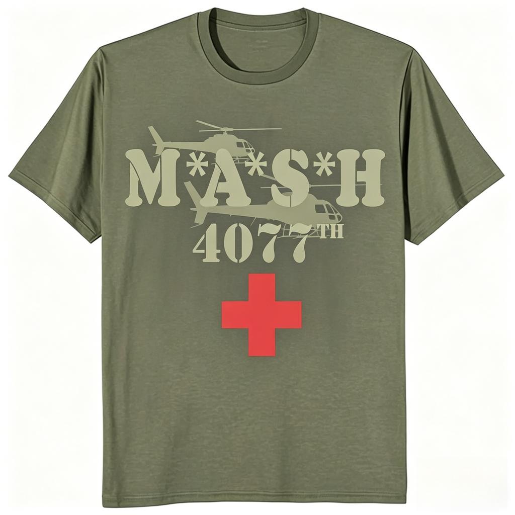 Maglietta da Uomo Mash Logo Usurato 4077 Licenza Serie TV Classica Verde Militare Alta Qualità B
