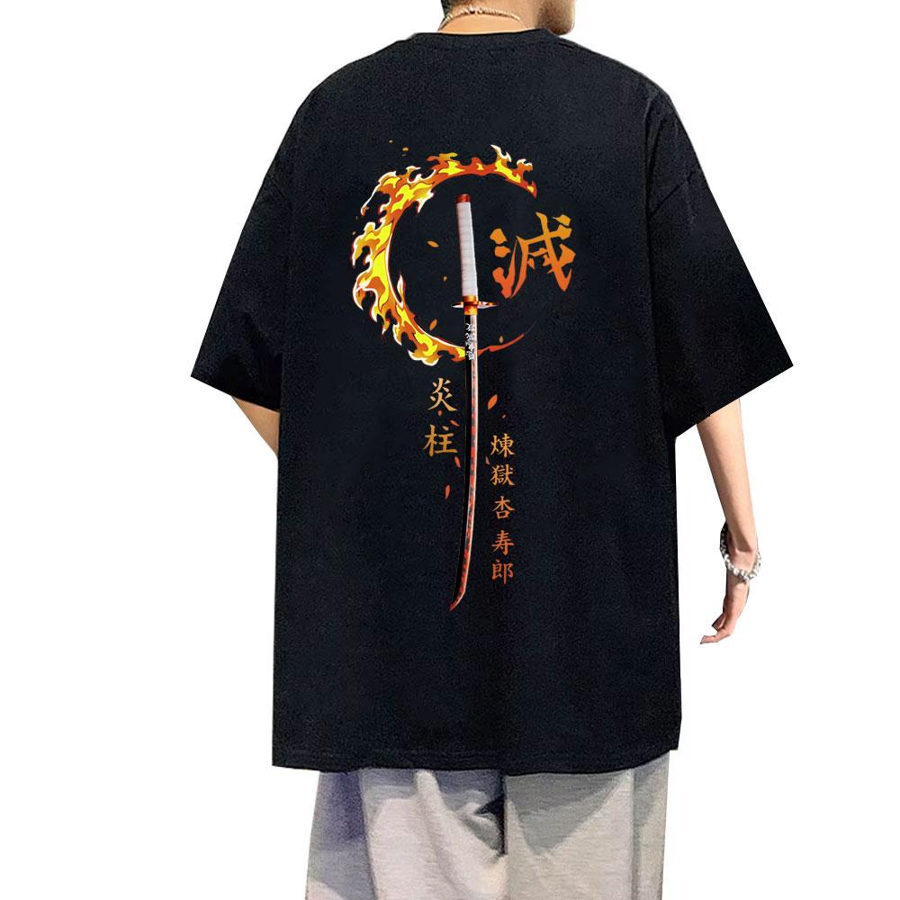 Anime Demon Slayer Rengoku Kyoujurou T Shirts Men Women Clothing Cotton Crewneck T-shirt Male Fashion Vintage Tshirt Streetwear