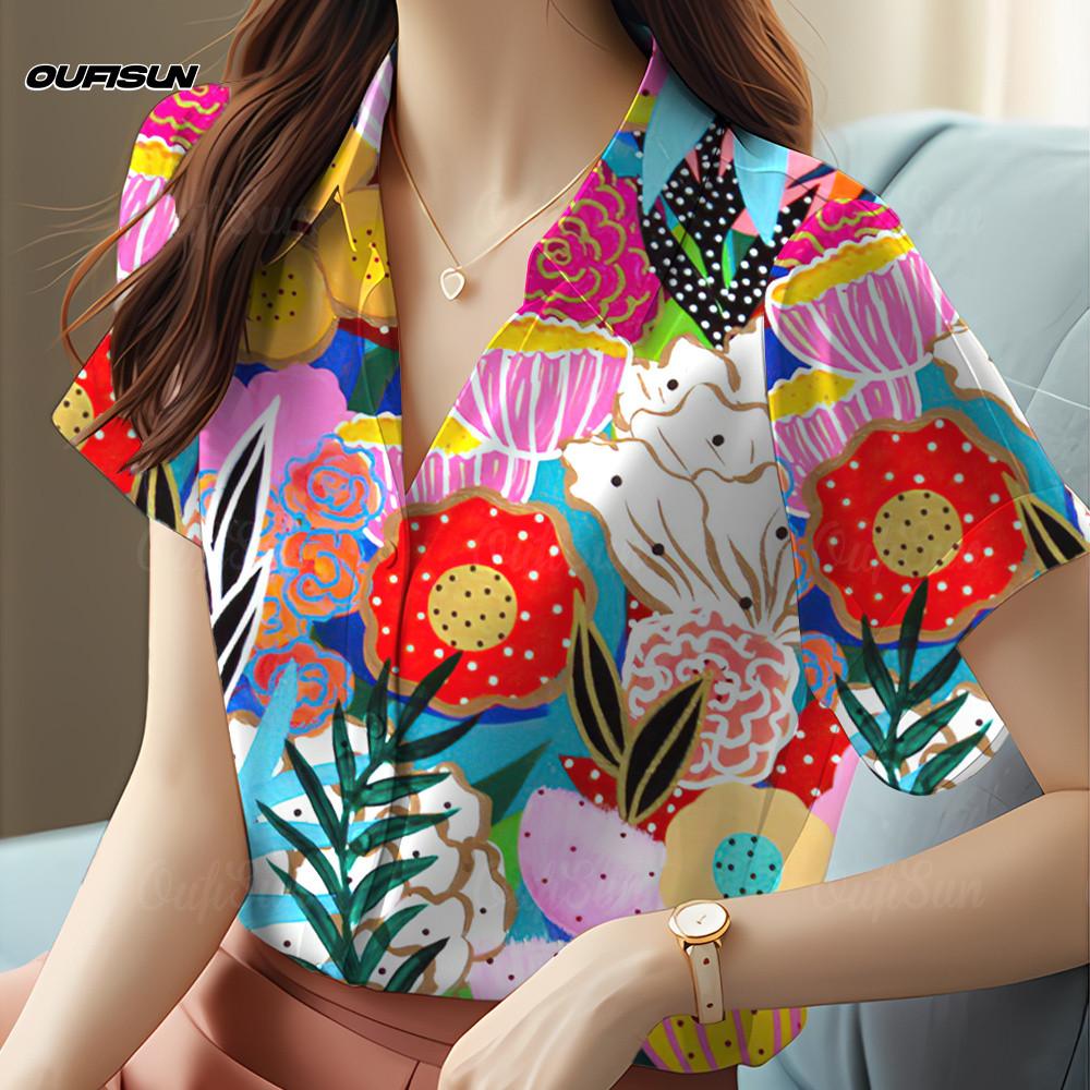 Women's V Neck Chiffon Floral Blouses Women Chubby Office Casual Ladies Shirt Graduation Outfit For Women Blouse