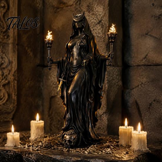 Kompakte gruselige Dekoration Hekate Griechische Göttin Statue mit magischen Hunden, Fantasy-Thema Okkultes Zimmerdekor Harzskulptur, Mythologische Figur für