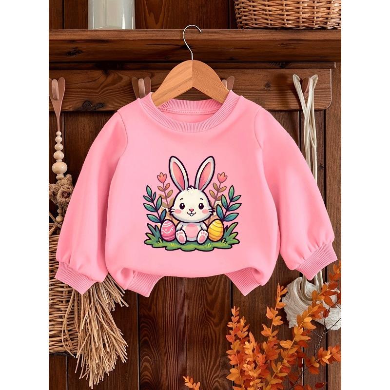 European sizes Cute Rabbit Print Kids' Spring Lightweight Round Neck Sweatshirt, Comfortable Outdoor Wear Choice for Ages 0-3