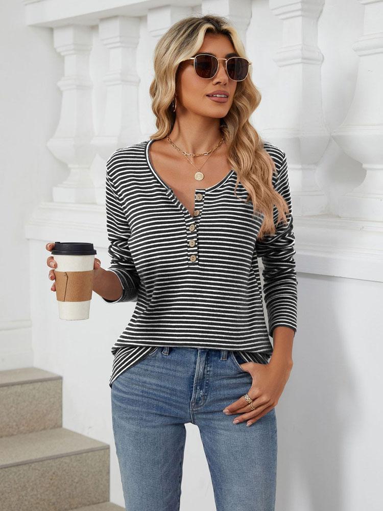 Elegant and Fashionable Autumn and Winter Comfortable Round Neck Striped Color Blocking Long Sleeve Loose T-Shirt Top Pullover Hoodies
