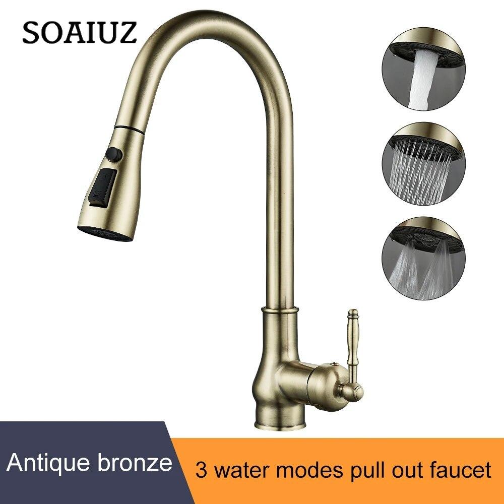 

Смесители для кухни, выдвижной смеситель для кухонной раковины из античной бронзы, кран для горячей и холодной воды с распылителем EL9021