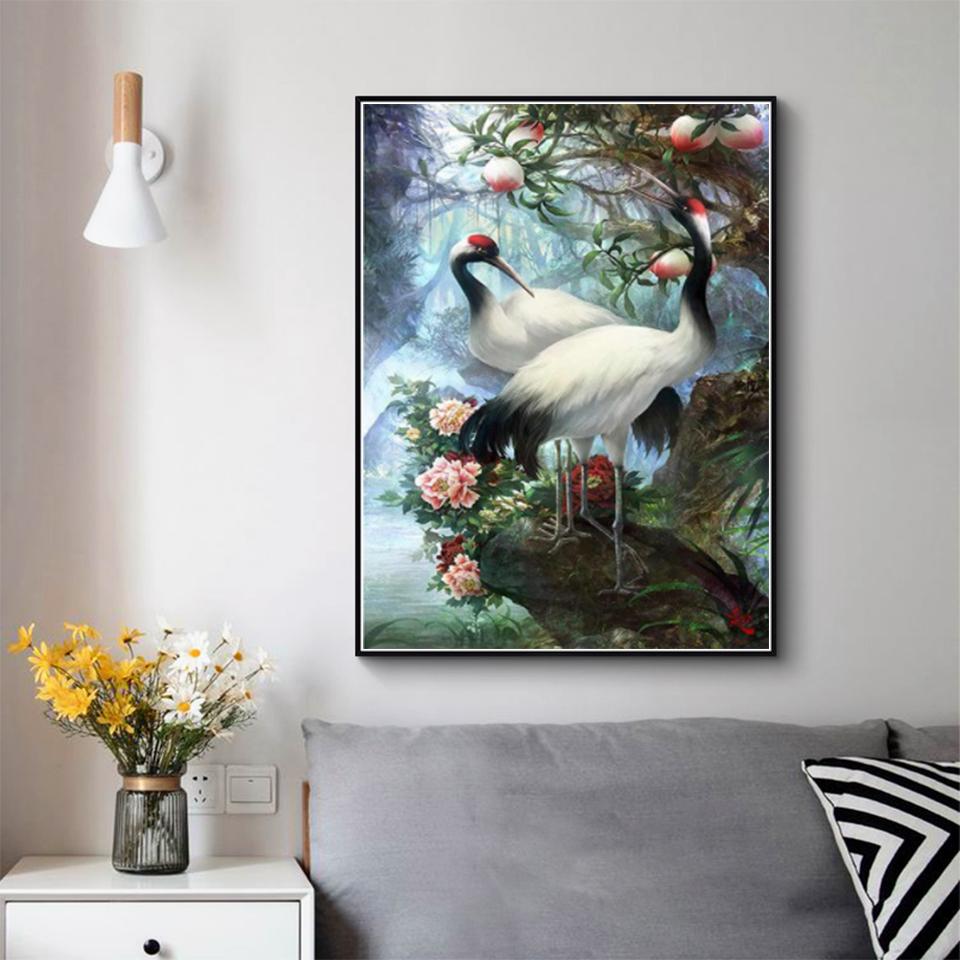 5D DIY White Crane Rhinestone Animal Diamond Painting Picture Full Round Full Diamond Mosaic Gift Cross Stitch Decoration Kit