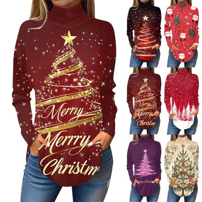 Women's Fashionable Casual High Neck Christmas Printed Long Sleeve T-Shirt Pullover Top