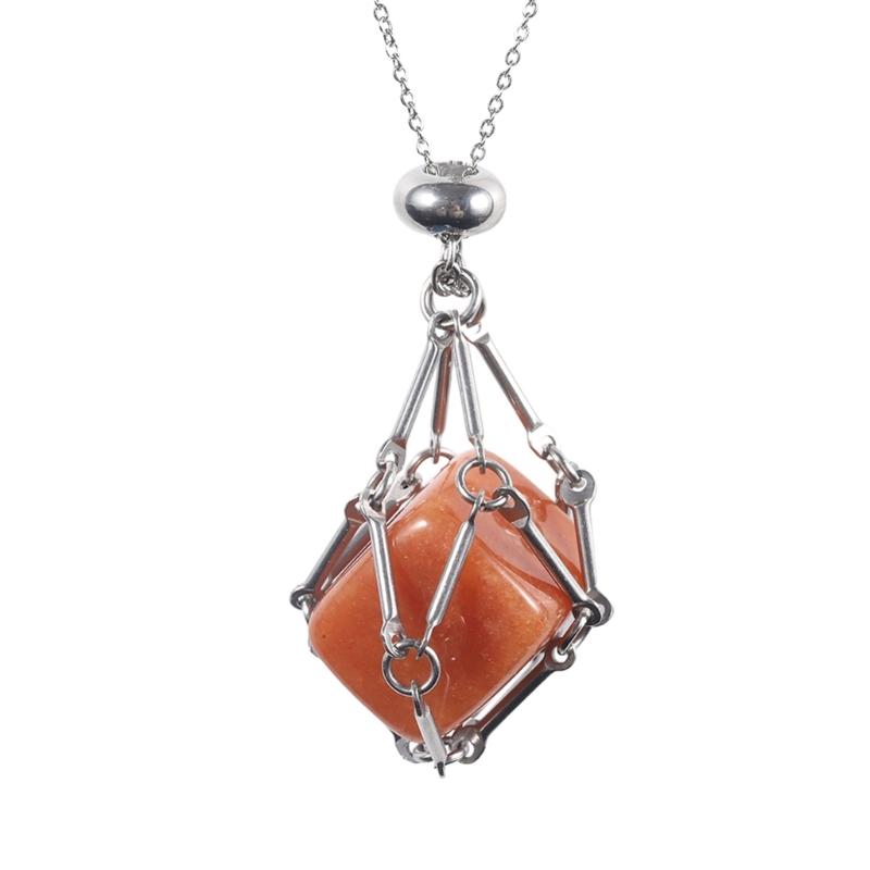 Handcrafted Square Crystal Pendant Necklace With Flexible Bamboo Link Chain And Secure Mesh Cage Setting For Elegant Occasions