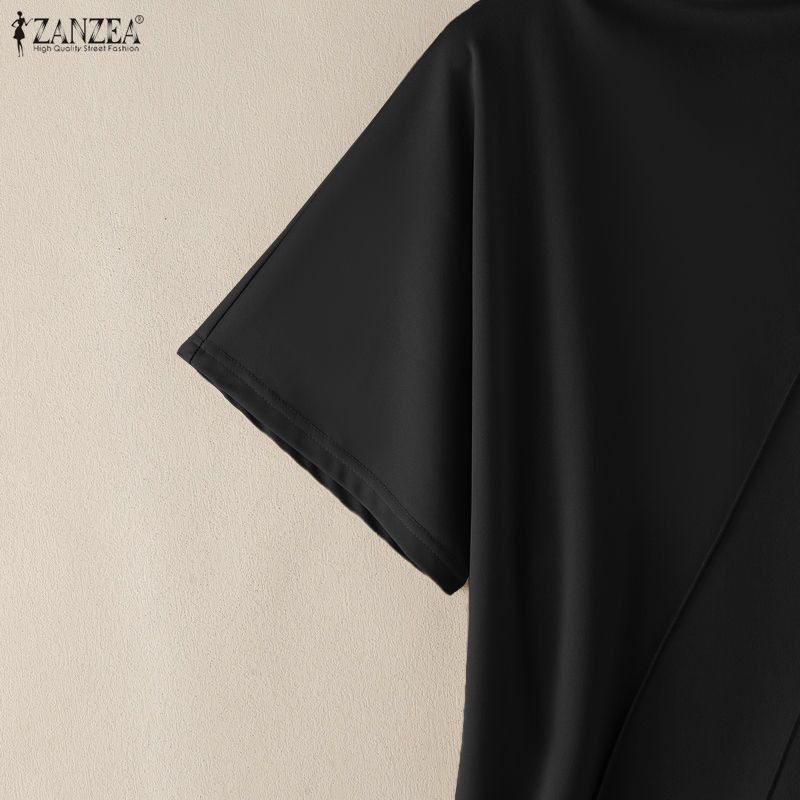 ZANZEA Womens Casual Half-turtleneck Solid Color Loose Short Sleeve Blouse