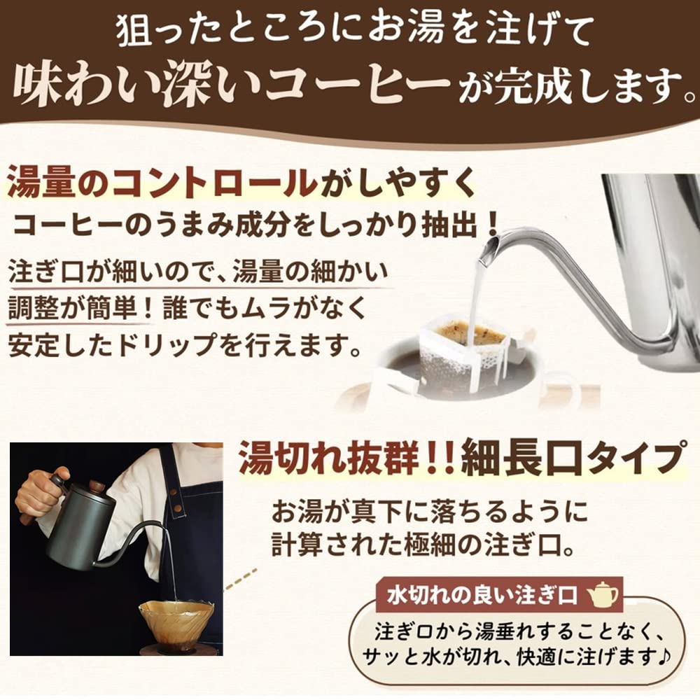 Yoseka Coffee Pot, Wooden Handle, Drip Kettle, 600ML, with Lid and Scale, Camping Drip Pot, Stainless Steel, Black, Narrow Mouth, Coffee Kettle with