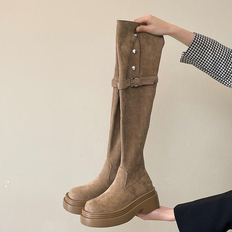 Women's 2025 Aut/Win Thick-Soled Over-the-Knee Foldable Knight Boots - Chunky Heel in Black/Khaki