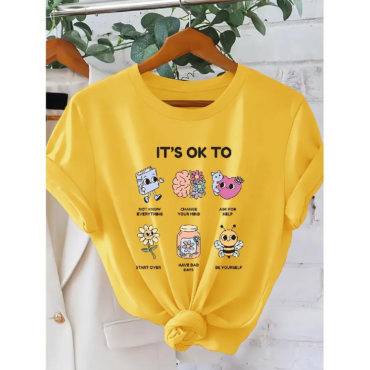 Self-Acceptance Statement for Women T Shirt | “It's OK To” Cartoon Illustration, Psychological Healing Style, Round Neck, Short Sleeves| Casual