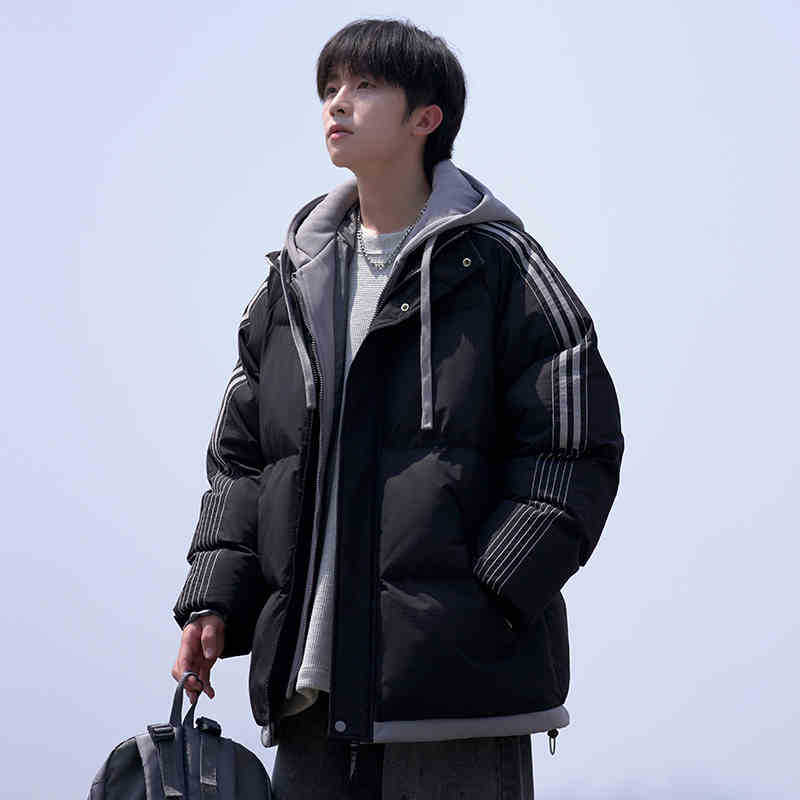 American Hooded Stripe Fake Two Piece Cotton Jacket Men's Jacket Fall Winter 2025 Thickened Warm and Coldproof Padded Jacket