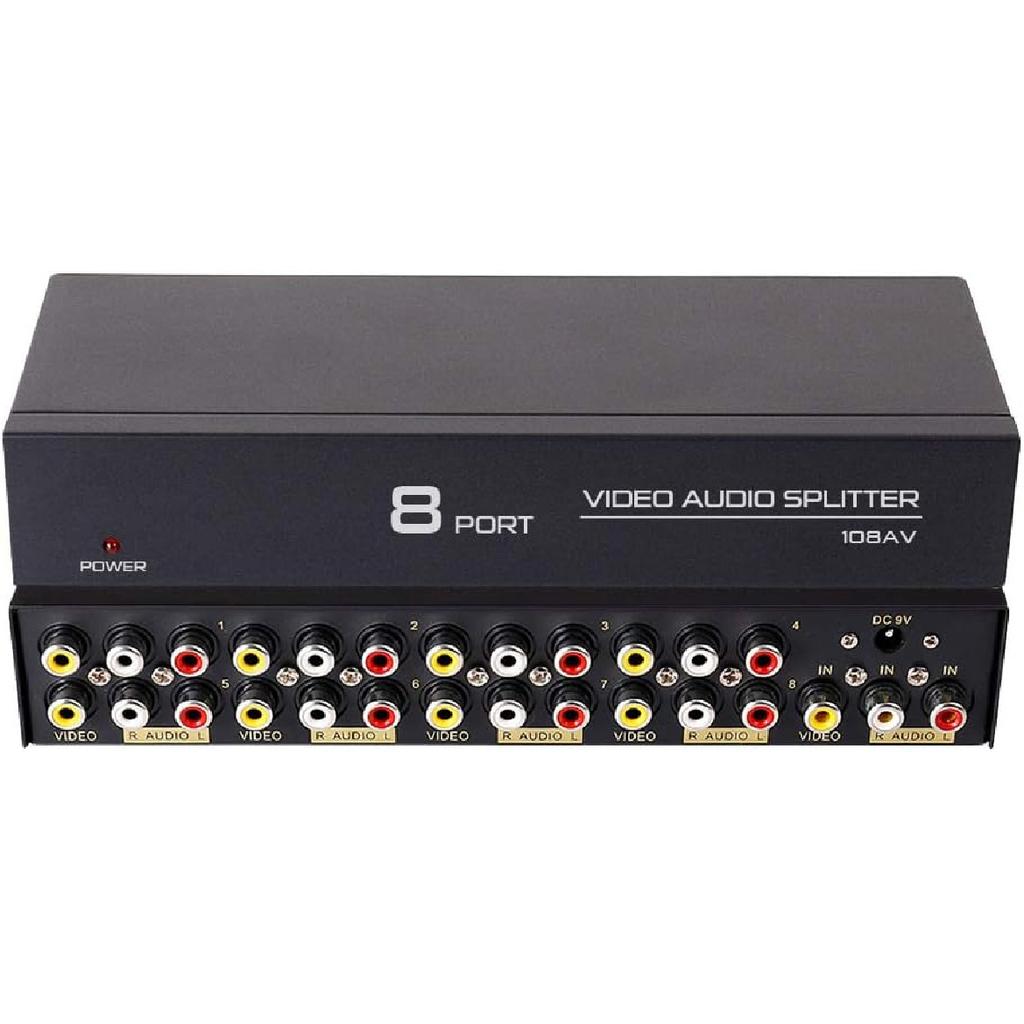 DTECH Powered 8 Way 3 RCA Splitter Box 1 in 8 Out Composite Video Audio Distribution Duplicator with Power Adapter Compatible with TV Projector