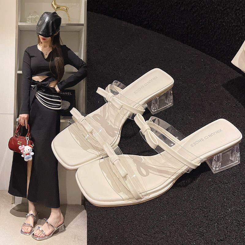 Fashion Temperament Internet Celebrity Explosion High Heel Slippers Women's Summer Wear 2025 New with Skirt Silver Cool Slippers