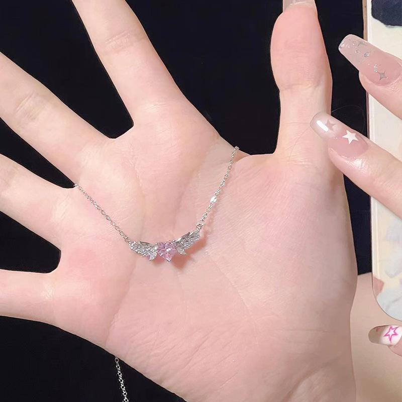 925 Silver Wings Heart Pendant Necklace for Women , Crystal Decorated Angel Wing Love Necklace , Fashion Daily Wear Jewe