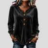 Women's Elegant V-Neck Velvet Blouse Buttoned Solid Color Long-Sleeve Soft Velvet T-Shirt Top