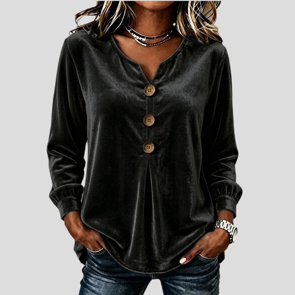Women's Elegant V-Neck Velvet Blouse Buttoned Solid Color Long-Sleeve Soft Velvet T-Shirt Top