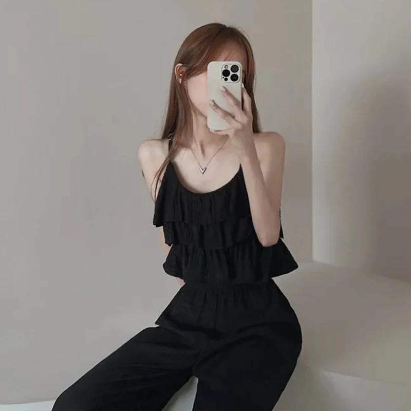 

Повседневные летние однотонные новые комплекты из двух предметов, женские сексуальные топы с воланами + свободные брюки с высокой талией, женские шикарные элегантные лоскутные вечерние пляжные костюмы one size чёрный