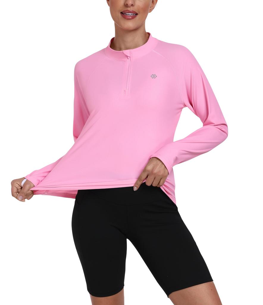 YIRUIYA Long Yoga with Thumb UV Fitness Running Women's Half-Zip T-Shirt, Sleeve, Top, Sportswear, Pilates, Holes, Stretch, Moisture-Wicking,