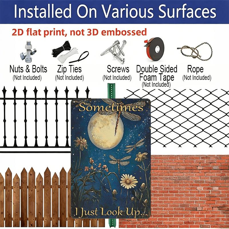 2D Flat Vintage Aluminum Dragonfly Moonlight Metal Sign - 8x12 Inches Aluminum Wall Art with Dandelion & Starry Sky Design, Indoor/Outdoor Hanging
