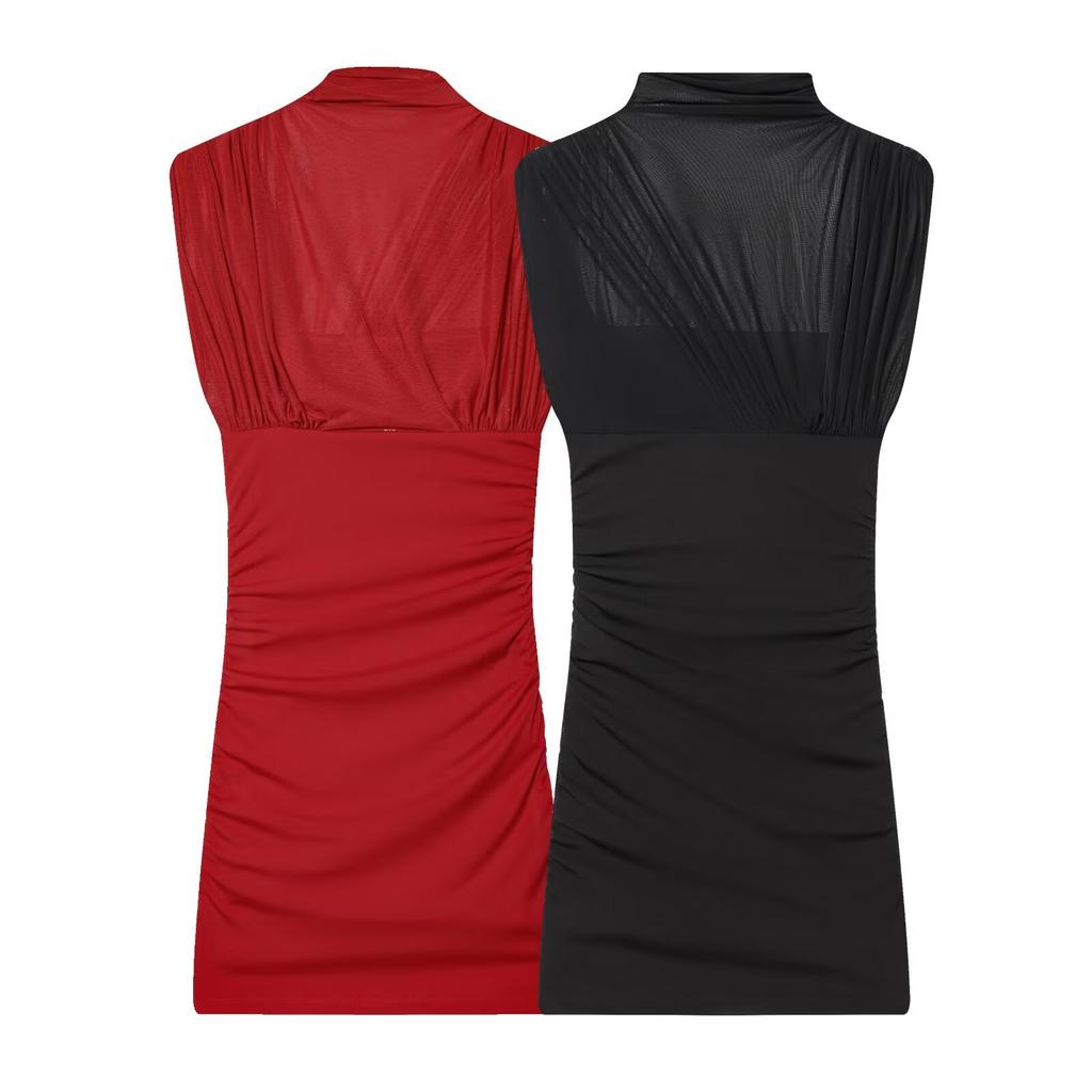 European, American autumn and winter new women's clothing temperament waist foreign style mesh splicing short dress women