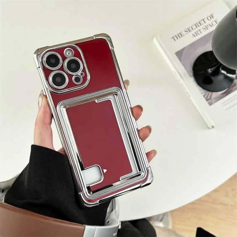 

Роскошный чехол для телефона с гальваническим покрытием и держателем для карт для iPhone 16 15 14 13 12 11 Pro Max Plus, мягкий силиконовый чехол iPhone 15 Pro Max красный