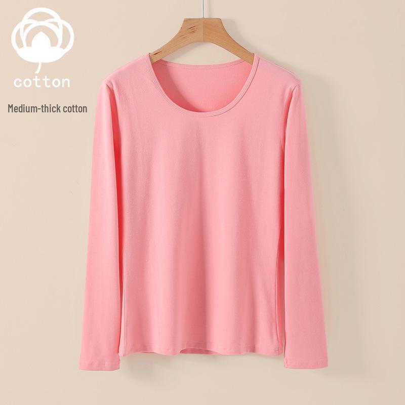 Women's Pure Cotton Long Sleeve Knit Top - Medium Thickness, Warm Autumn/Winter Base Layer, Thermal Cotton Wool Sweater