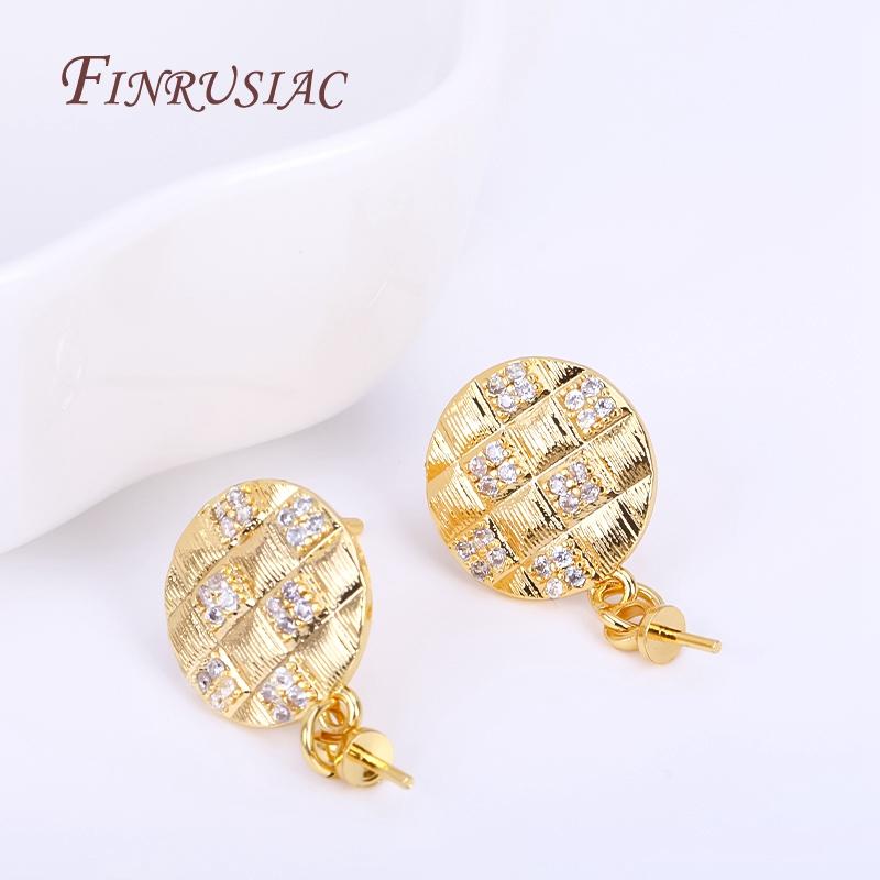 18K Real Gold Plated Zircon Inlaid Round Post Earring Findings Accessory With Pearl Pendant Mounting,DIY Earring Jewelry Making