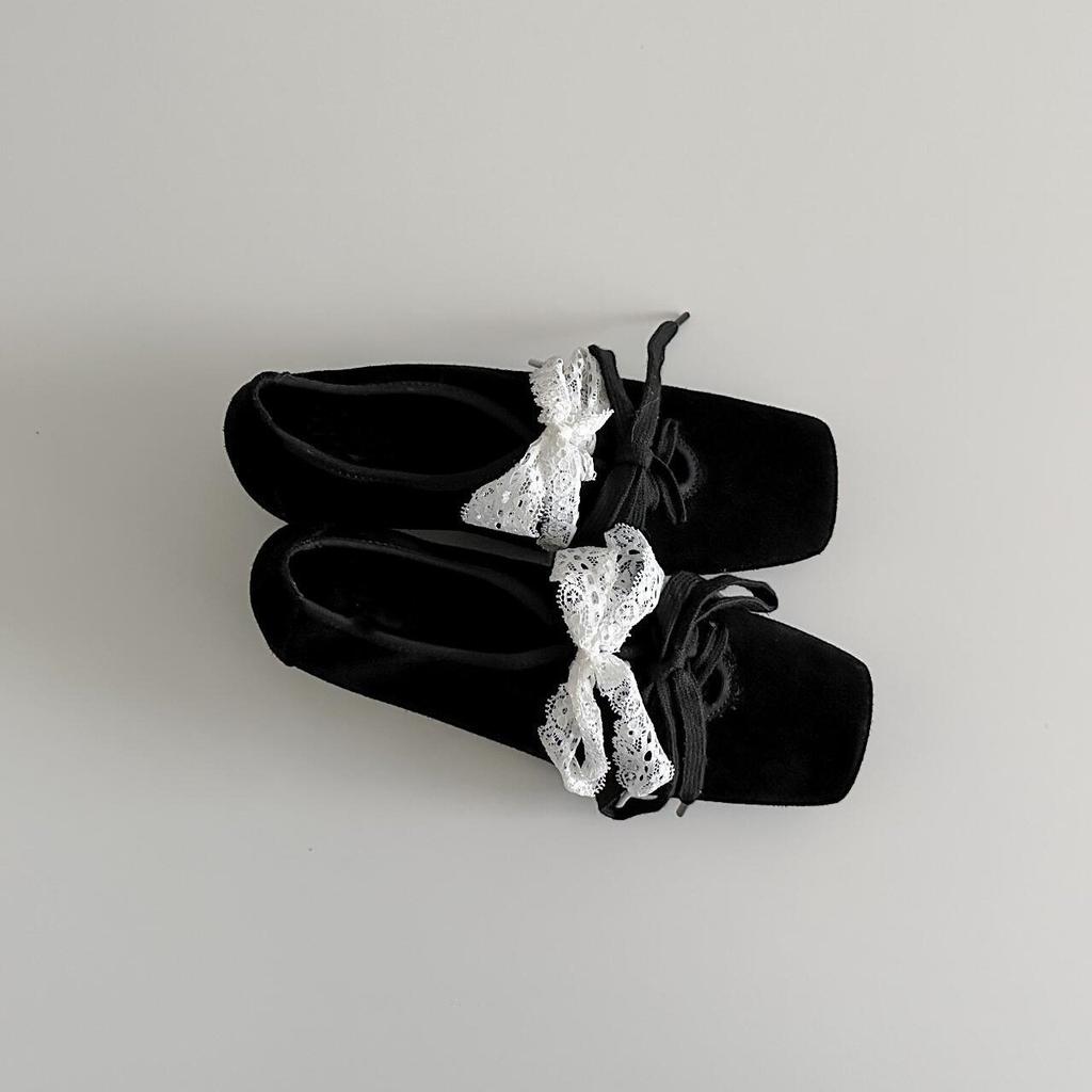 Spot Second Hair! French Retro Lace Mary Jane Small Leather Shoes Women's Square Head Thick Heel Lace-up Ballet Shoes Single Shoes