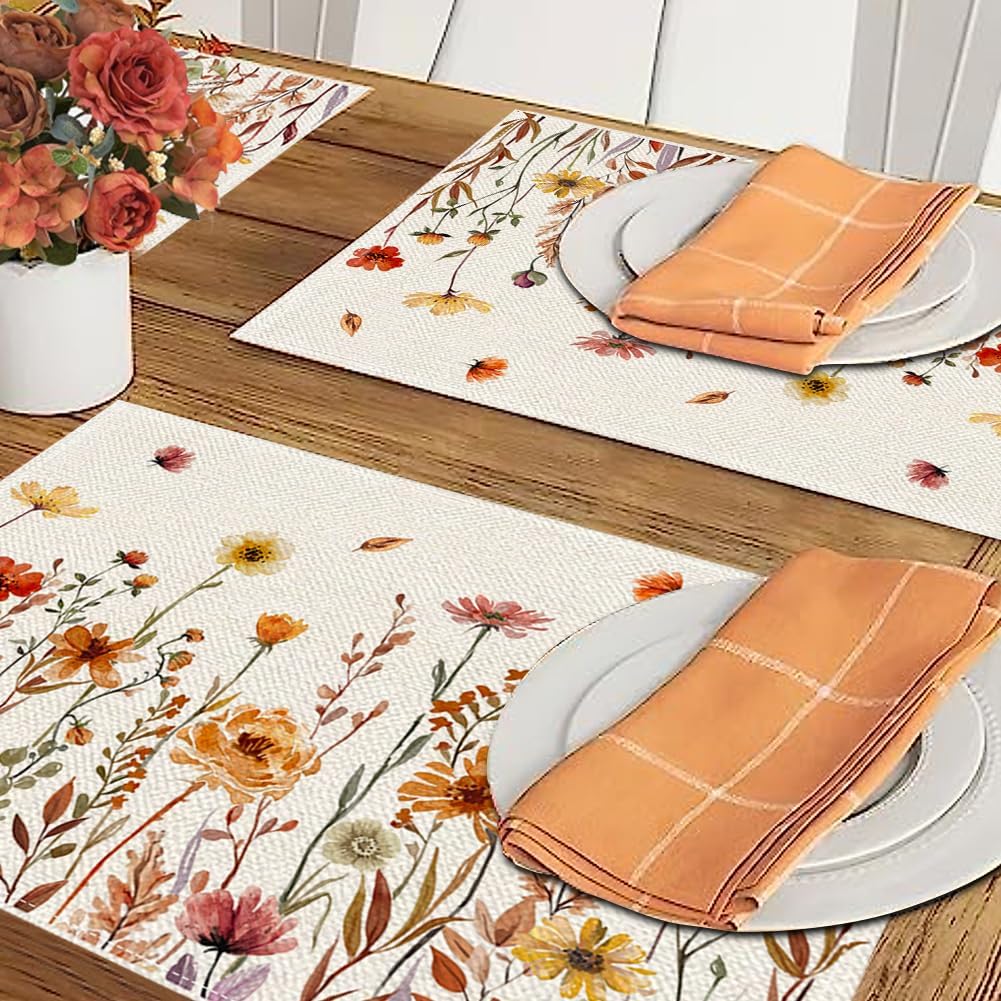 RABUSOFA Floral Fall Placemats Set of 4 for Table Runner, Flower Autumn Thanksgiving Kitchen Dining Table Decoration for Indoor Party 12x18 Inch