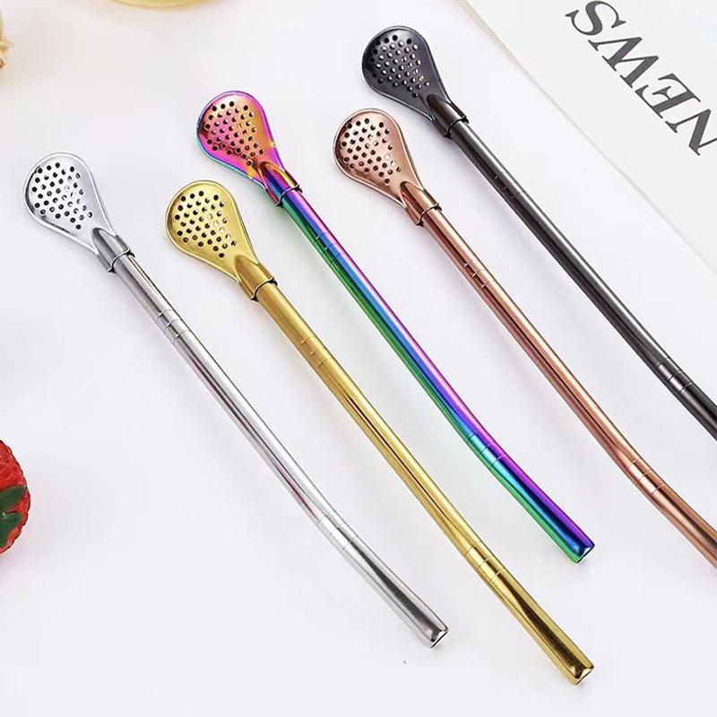 Colorful 304 Stainless Steel Tea Drinking Straws Spoon Yerba Mate Tea Filter Reusable Metal Kitchen Bar Milk Tea Stirring Spoon