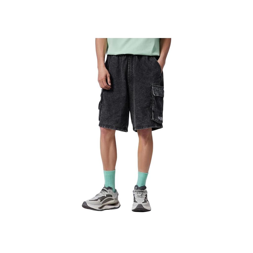 Li Ning Plain Logo Pocket Design Elastic Waist Straight Leg Shorts Men Shorts Denim-Blue AKSS075-1