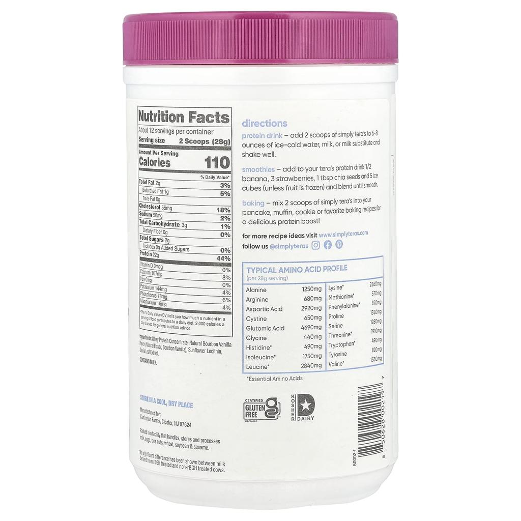 Simply Tera'S, Grass-Fed, Simply Pure Whey Protein, Bourbon Vanilla, 340G (12Oz)