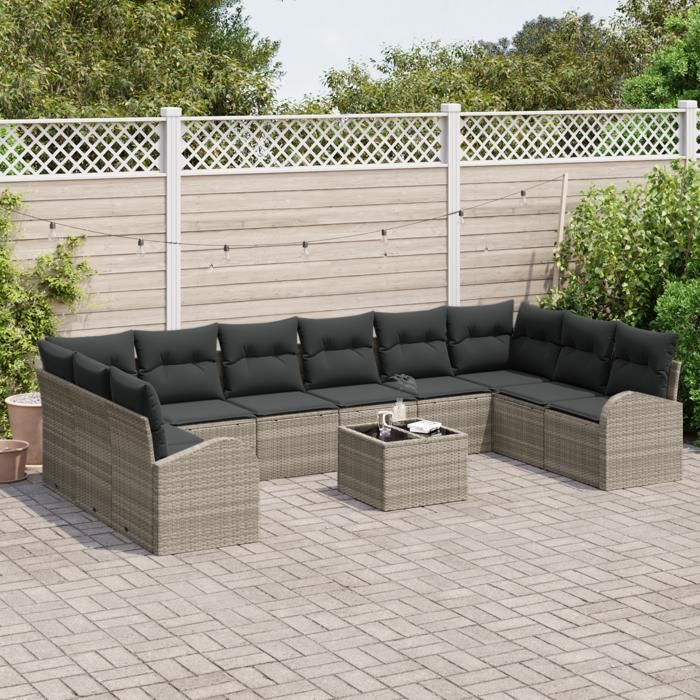 Ensemble de Canapés de Jardin de 11 Pièces avec Coussins Gris Rotin Synthétique, Canapé de Jardin 2 Places avec Rangement & 3354901