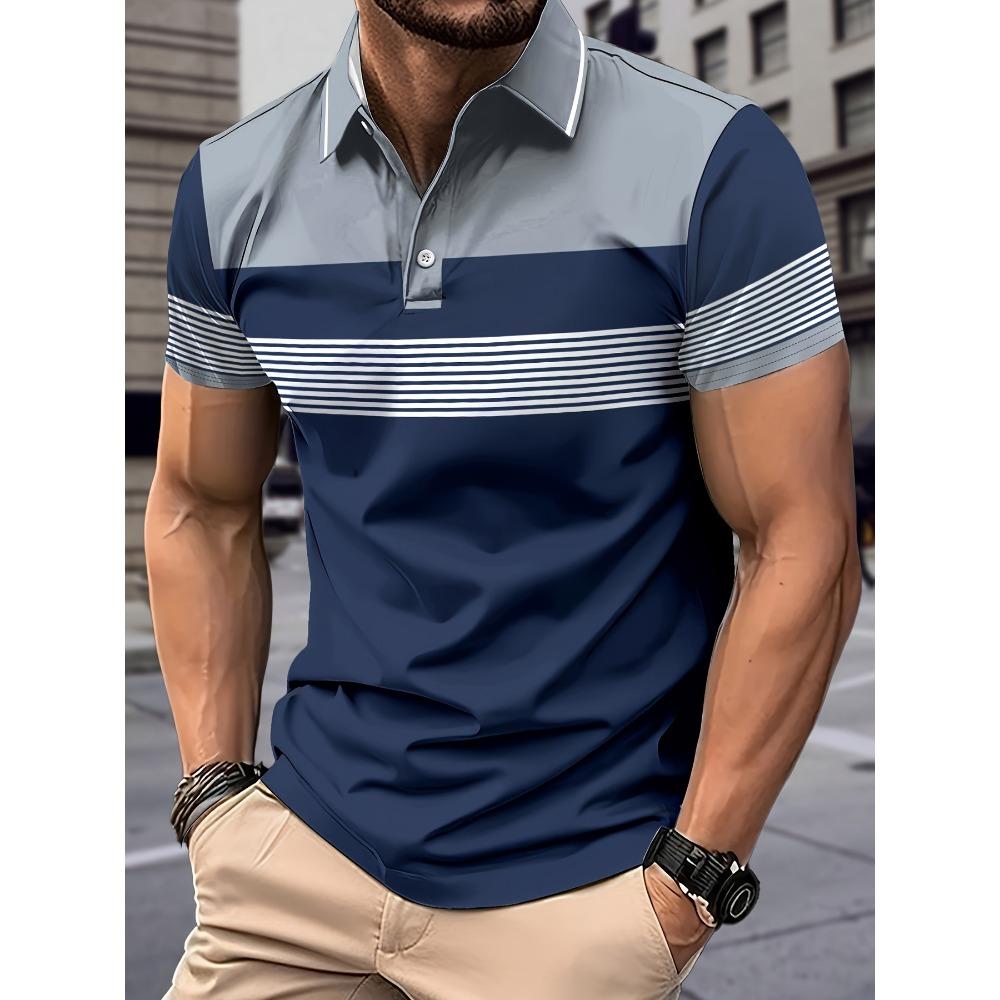 Summer Striped Pattern Short Sleeve Men's Fashion Lapel Polos Shirt 3D Printed Street Polo Button Tops Oversize Casual Tees