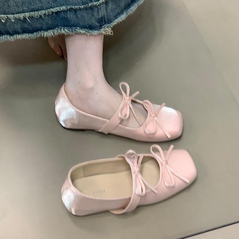 French sweet wind double bow Mary Jane shoes square head shallow mouth inner height increase single shoes women's 2025 new ballet