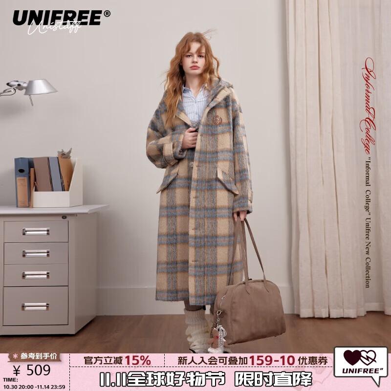 

UNIFREE Collegiate Style Embroidered Hooded Plaid Wool-Blend Long Coat M