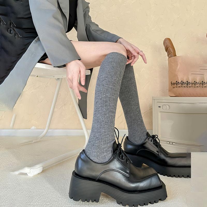 Socks Woman Autumn and Winter Thick Warm Solid Color Knee High Stockings Black White Vertical stripes Thigh High Socks for Women
