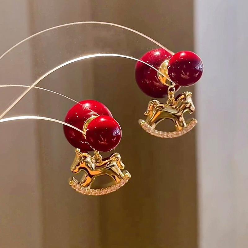 K Real Gold Electroplated Zircon Round Pony Stud Earrings New Chinese Retro Natal Year Earrings Light Luxury Niche Earrings