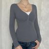 Spring Autumn Slim Fit V-neck Knitted T-shirt Women Buttons Long Sleeved Shirt Solid Color Simple Office Tops Elegant Fashion Casual Women's Clothing