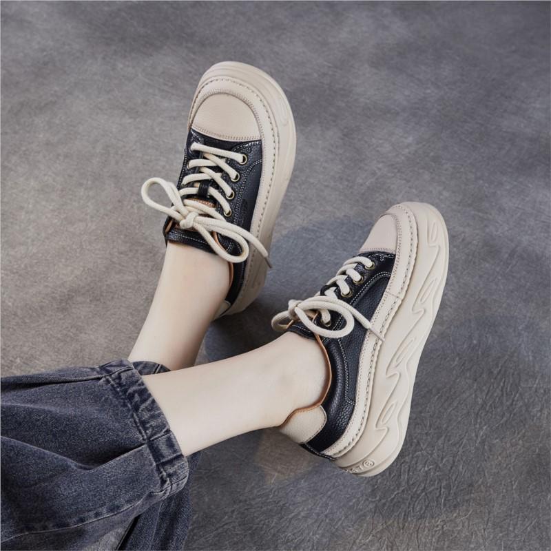 Johnature Pantofi de damă din piele naturală cu talpă groasă pentru creșterea în înălțime, pantofi albi casual confortabili cu talpă plată