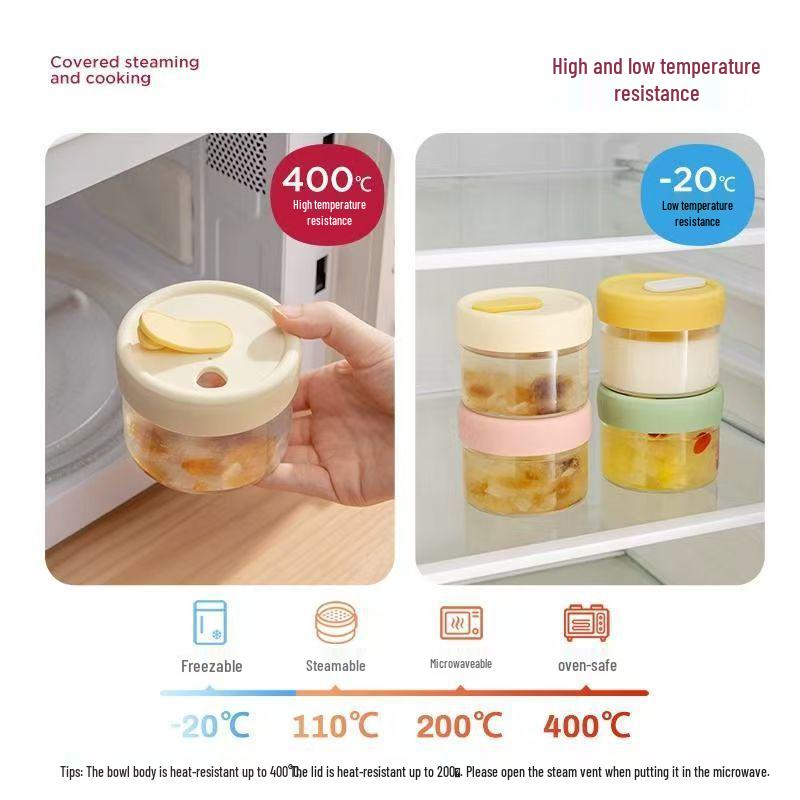 Microwaveable Borosilicate Glass Baby Food Lunch Box & Freshness Bowl for Cold Storage & Steaming, Sealed for Freshness.