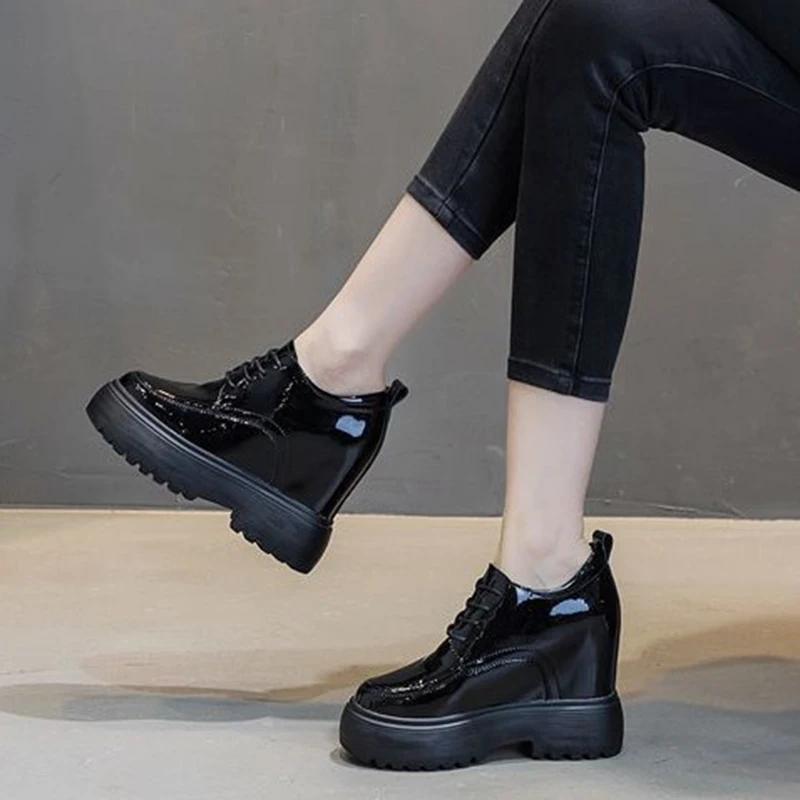 Fashion 11CM High Heels Pu Leather Platform Wedge Sneaker Women Shoes inner heighten Women Pumps Autumn Spring Lace Up Platform Shoes
