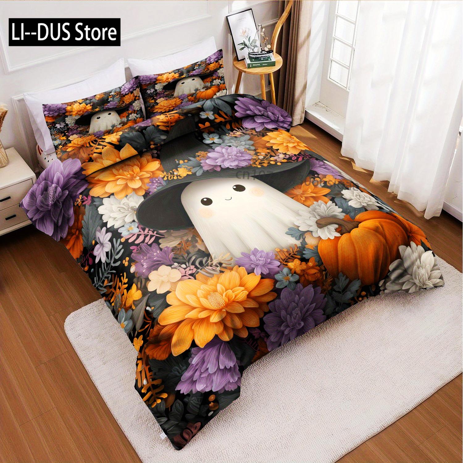 

3pcs Halloween Pumpkin Monster Duvet Cover Set Without Core 1Quilt Cover 2 Pillowcases Soft Floral Duvet Cover Set For Bedroom EU single(135x200cm)